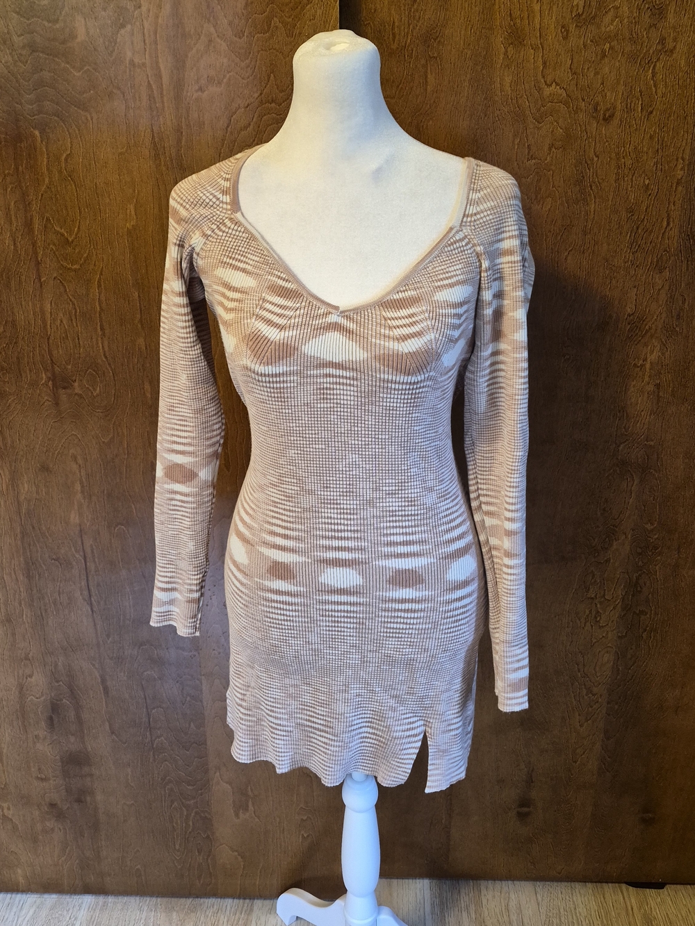 Altar'd State Tan & Cream Patterned Long Sleeve Knit Dress